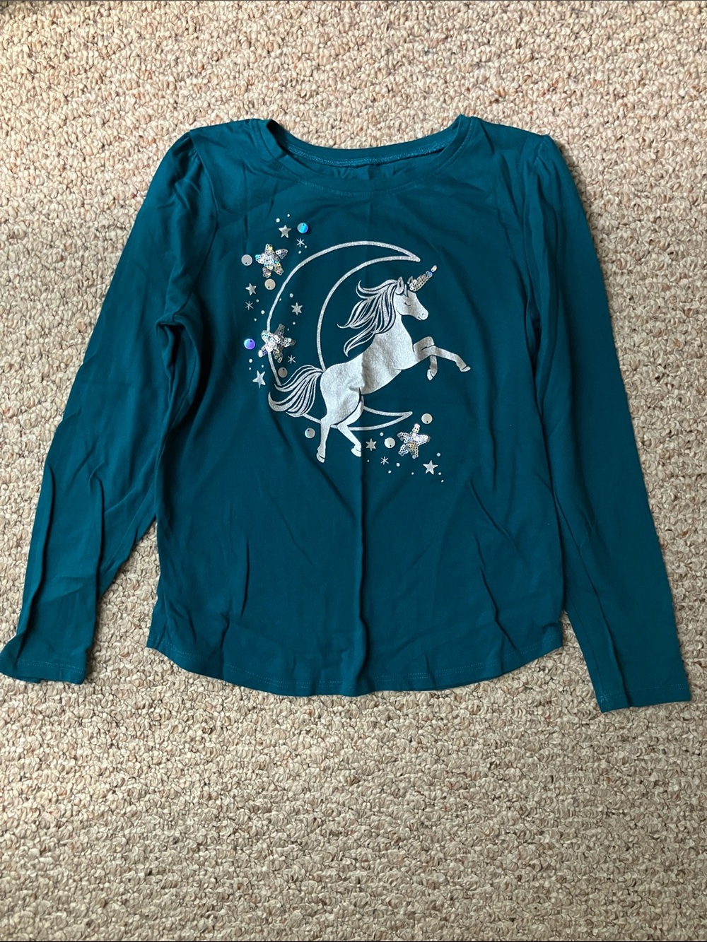 Girls Teal Unicorn Graphic Long-Sleeve Top